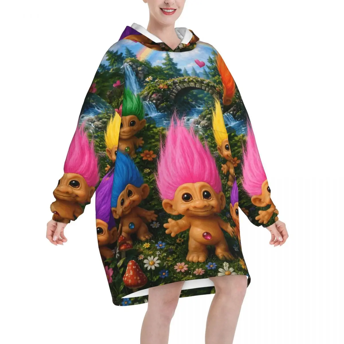 Trolls Dolls Oversized Blanket Hoodie Sweatshirt Long Fleece Hooded Wearable Blanket with Large Pocket for Women Men