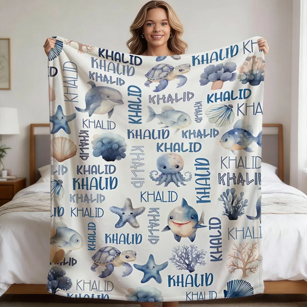 Personalized Custom Name Marine Animal Pattern Flannel Blanket, Soft and Comfortable, Suitable for Office, Home, Unique Present