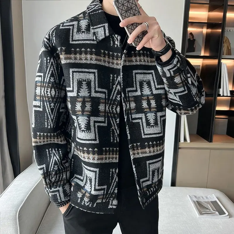 Spring Autumn Korean Trendy Handsome Fashion Jacket Men Casual Youth Male Coat Striped Turn-down Collar Loose Streetwear Clothes