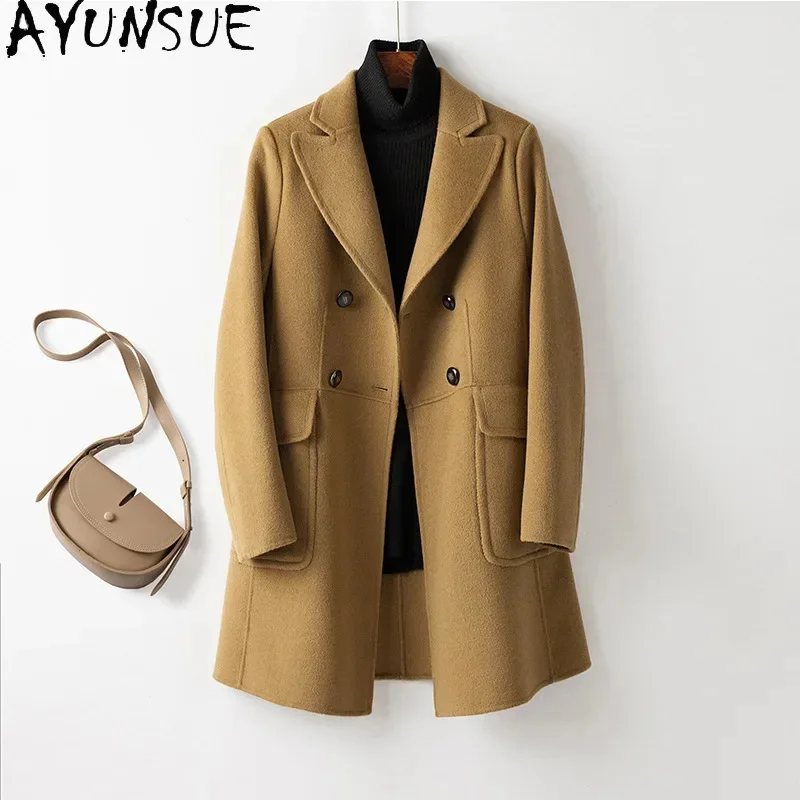 

High AYUNSUE Quality 100% Wool Jacket for Women Autumn Winter Chic Double-sided Coat Suit Collar Fashion Female Blazers