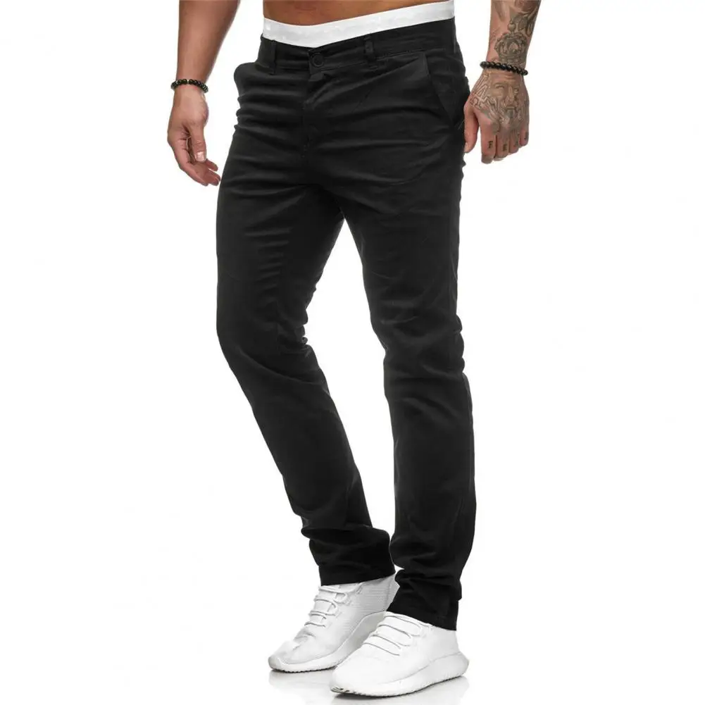 Calça de fecho de botão com zíper cintura média masculina, bolsos finos, lápis slim fit, bolsos laterais, calça casual esportiva