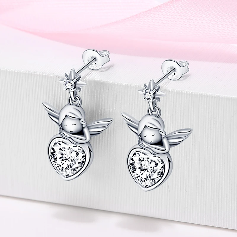Hot Sales Pink Heart-Shaped Women Earrings 925 Sterling Silver Angel Dreamcatcher Star Earrings Fashion Birthday Jewelry Gifts image 3