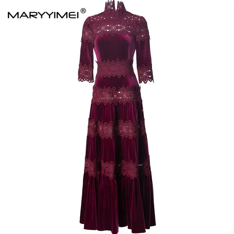 เกดิโวเอนฤดูใบไม้ร่วงและฤดูหนาวสไตล์ใหม่ชุดสตรีคอปกครึ่งแขนลูกปัดลูกไม้ประกบชุดกลวงออก