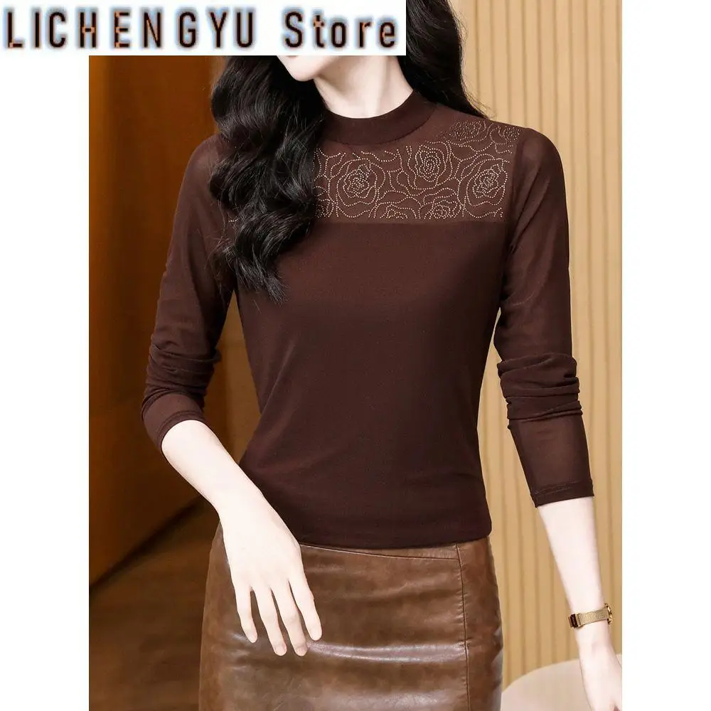 Ironing Diamond Mesh Base Shirt for Women with Fashionable Fashionable Shirt for Women with Long Sleeves T-shirt Lace Top