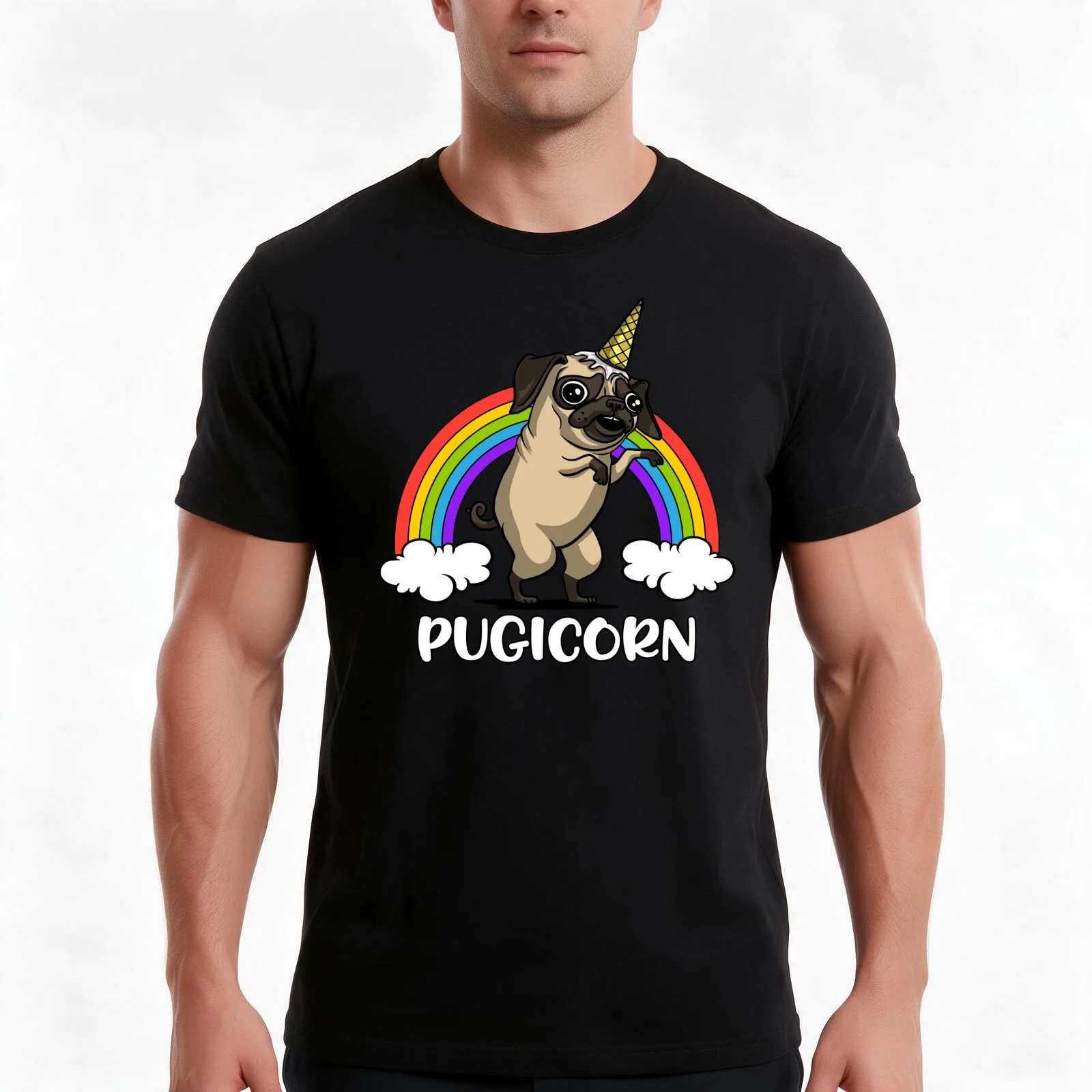 Pugicorn Pug Dog T-Shirt, Summer Casual Cotton Tee, Oversized Streetwear Tops, Vintage Graphic Print, Loose Fit Short Sleeve