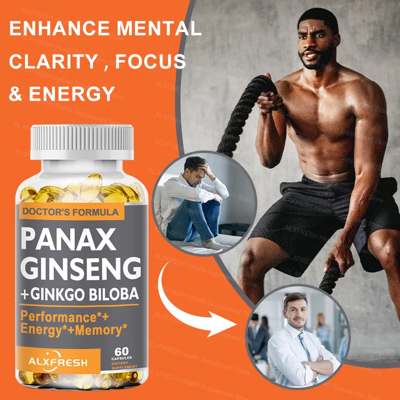 Ginseng Ginkgo Biloba - Endurance, Stamina Men Performance and Stress Relief Mental Brain Health Supplement