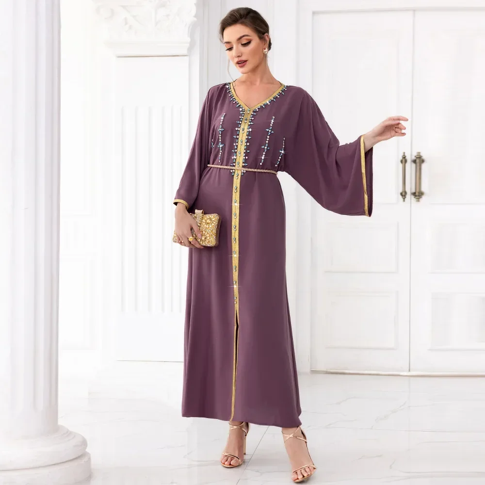 

Moroccan Caftan Dresses for Women Holiday Party Dress Muslim Abaya Hand Seam Drill Dubai Ramadan Long Sleeve Casual Loose Robe