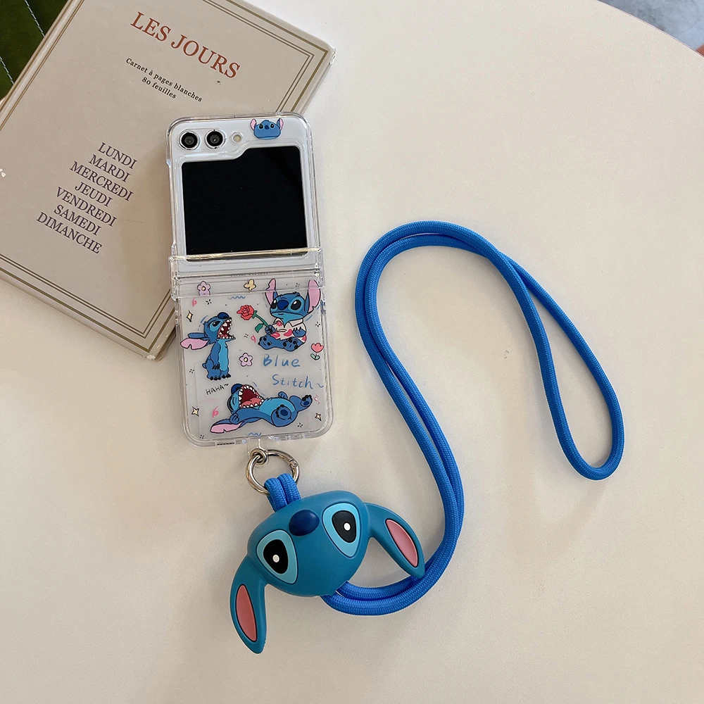 Cute Disney Stitch with Silicone Lanyard Clear Phone Case for Samsung Galaxy Z Flip 3 4 5 5G PC Hard Anti-drop Back Cover Funda