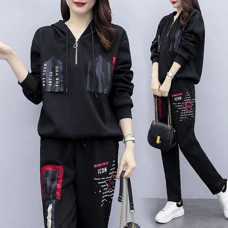 Printed Casual Sportswear Set for Women Fashionable Plus Size Loose Hooded Sweatshirt Two-piece Set Trendy