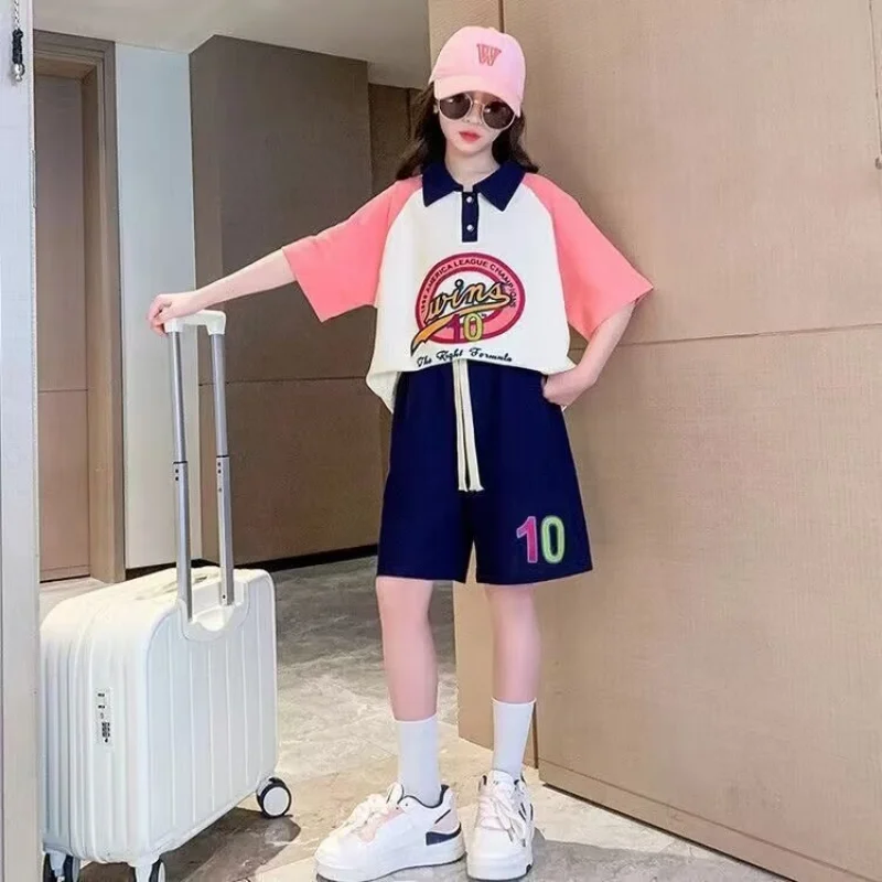 

2024 Summer Girls Sets Korean High Street Fashion Kids Lapel T-shirt Shorts 2 Piece Set High Quality Children's Sports Suits New