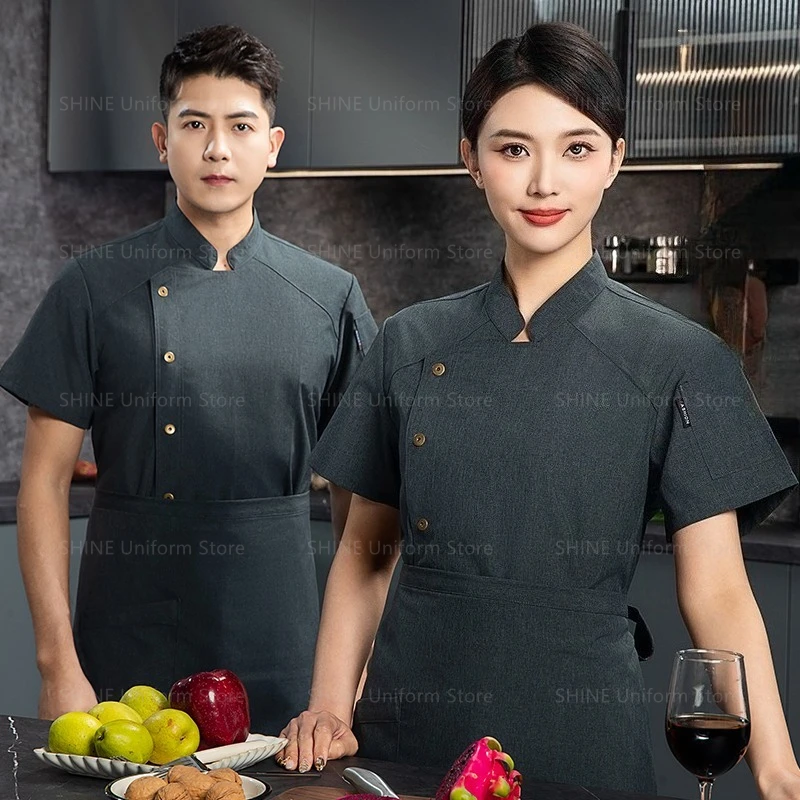 Letnia męska kurtka z krótkim rękawem Restauracja czarny fartuch szefa kuchni odzież robocza logo Szorty szefa kuchni Oddychający płaszcz szefa kuchni Kuchnia