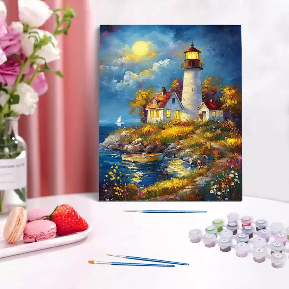 RUOPOTY Malen nach Zahlen für Erwachsene, Leuchtturm, Landschaft, Kunstbedarf, DIY-Set, Kunsthandwerk, Farbset für Erwachsene, Malen, Zeichnen auf Leinwand