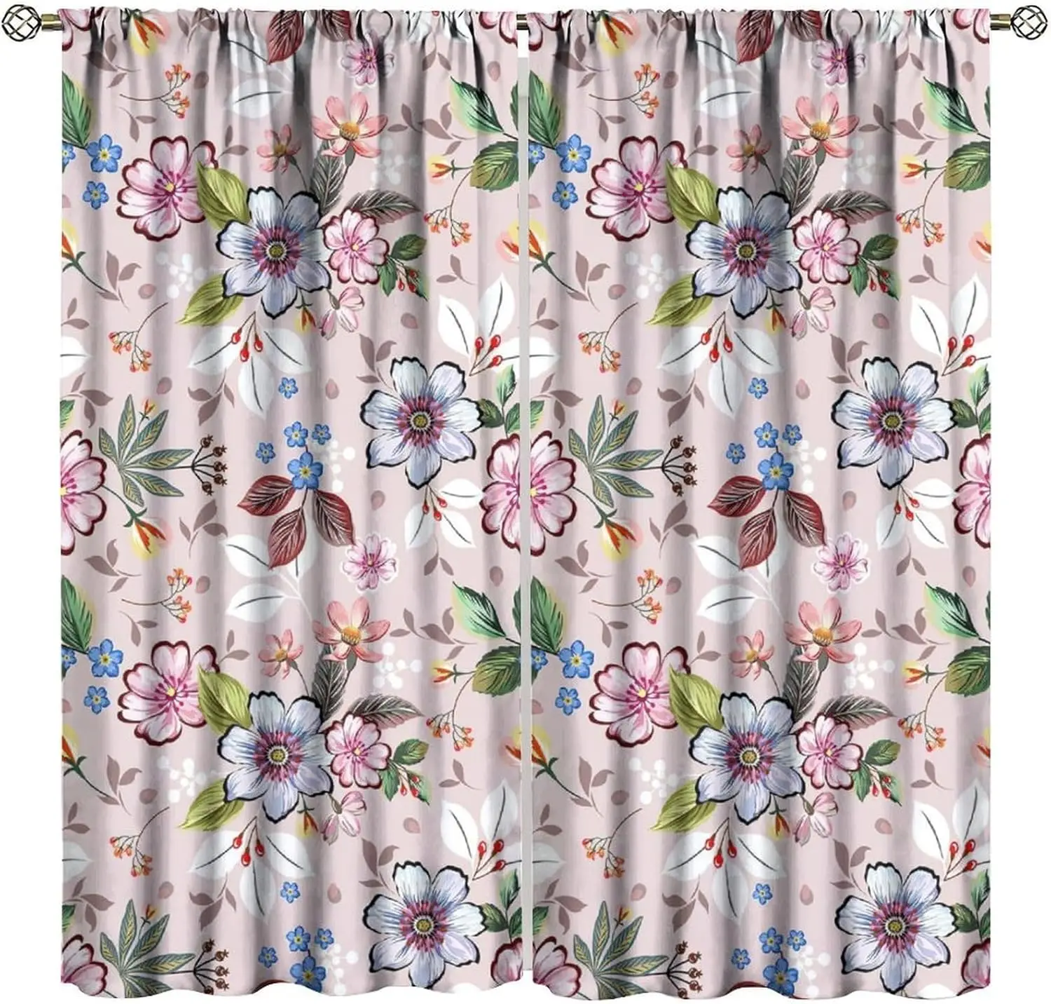 Cartoon Cherry Blossom Curtains, Cute Watercolour Cherry Blossom Country Natural Plants, Bedroom Living Room Kitchen Blackout
