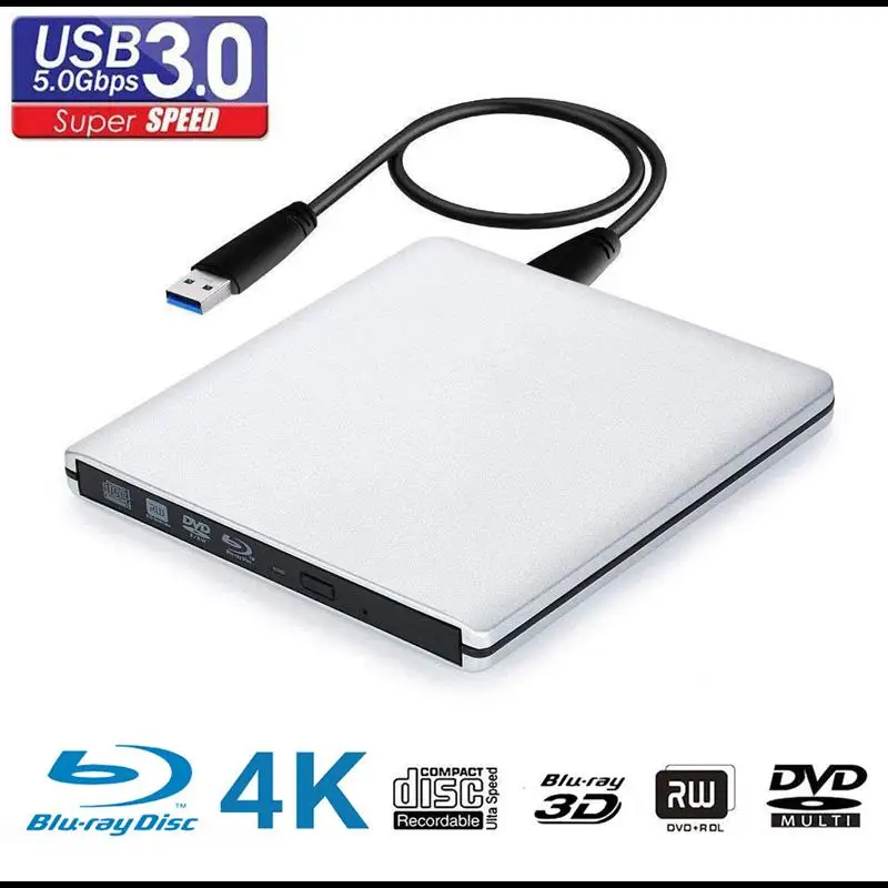 New Ultra Slim External Optical Drive 4K Blu-Ray Burner USB3.0 DVD Players 3D Blu-Ray Writer Reader CD/DVD Burner