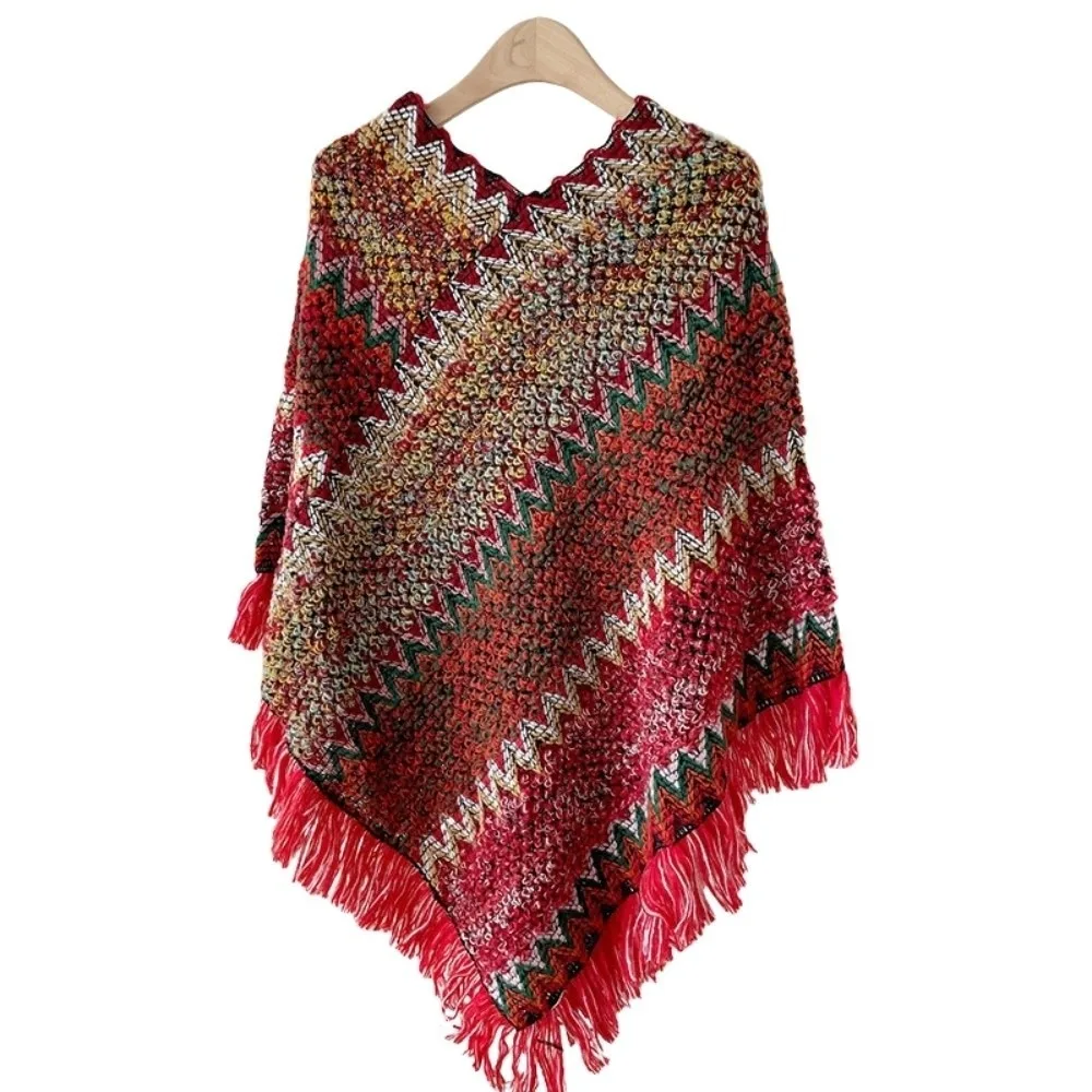 

Вязаная шаль в этническом стиле, богемная накидка на шею, большая шаль, верхняя одежда, шарфы, теплая осенне-зимняя накидка с кисточками для отпуска