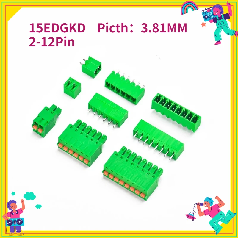 

2sets/Lot 2EDG 3.81MM 2P 3P 4P 5P 6P 7P-12P Spring Type Plug with Button Terminal 15EDGKD 3.81mm Screw-free Male and Female Set
