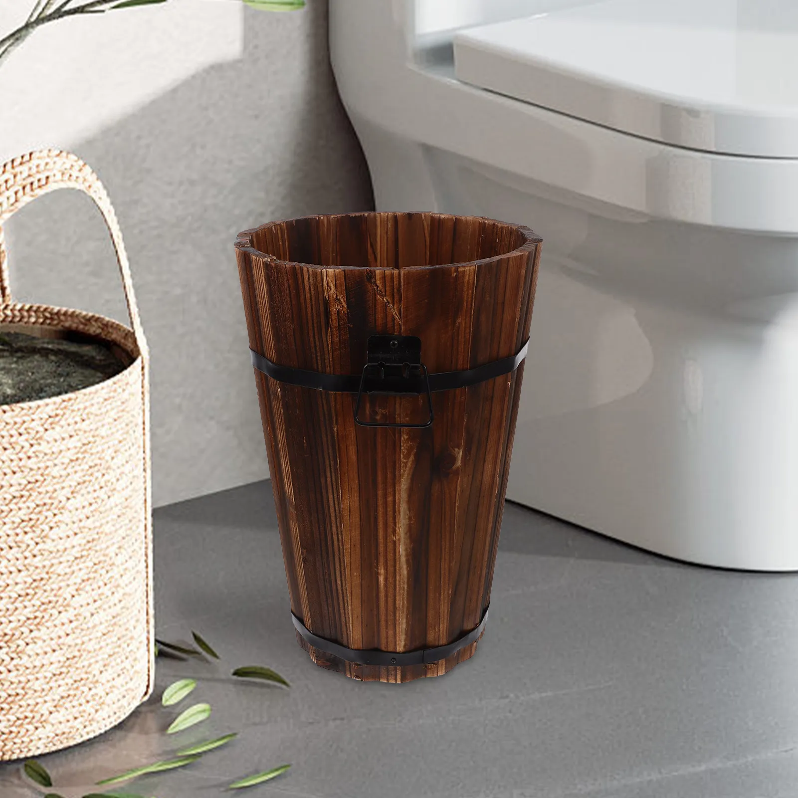 

Wooden Trash Can Rustic Round Medium Size Bathroom Waste Basket Portable Handle Home Office Storage Basket Wood Trash Can