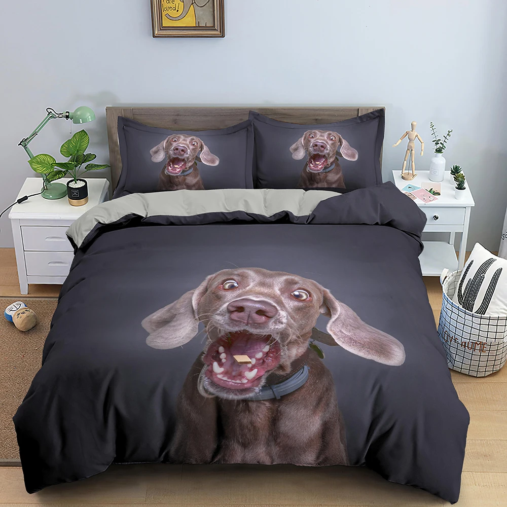 3D Dog King Queen Duvet Cover Funny Puppy Bedding Set for Kids Teens Adults Lovely Pet Animal Black 2/3pcs Polyester Quilt Cover