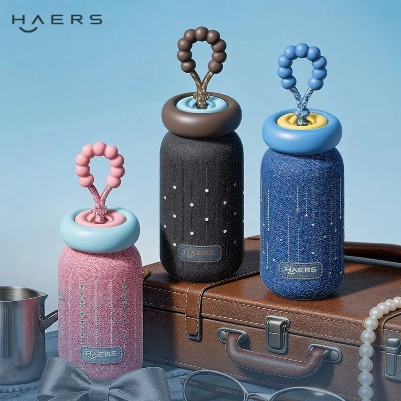 HAERS Denim Series Thermos Cup 316 Stainless Steel Insulated Bottles with Beaded Handle Portable Mini Pocket Travel Water Cups