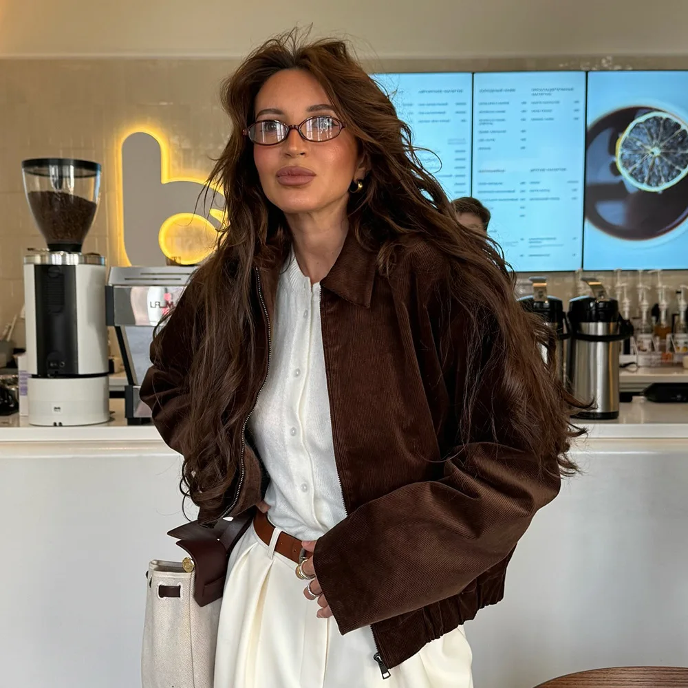 

Retro Corduroy Coffee Colored Cotton Jacket Autumn and Winter Women Fashion Loose Soft Warm Zipper Cardigan Street Casual Jacket