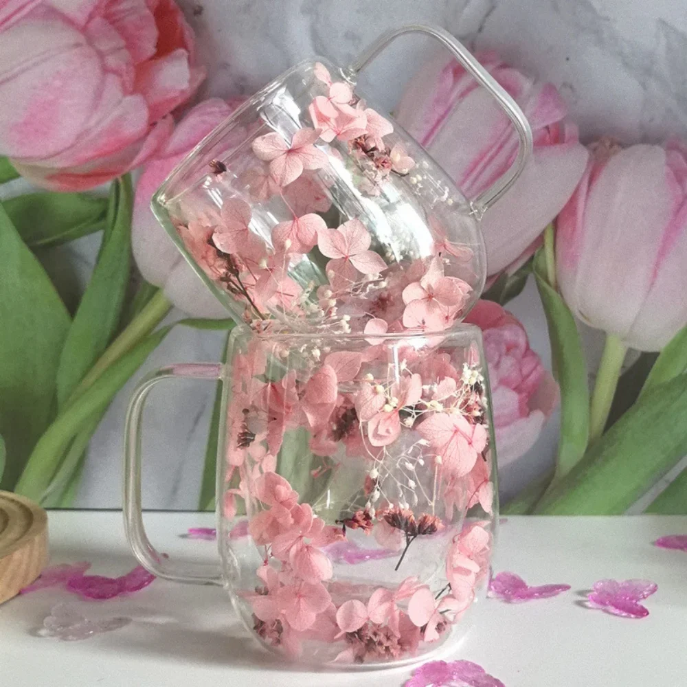 Double Wall Glass Coffee Mug with Pink Hydrangea Flower Design Cute Floral Insulated Cup Double Bottom Cup With Handle