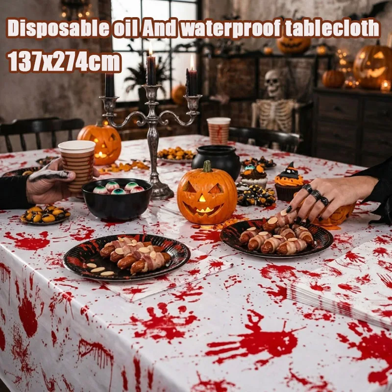 1-5PCS 137x274cm Halloween Bloody Handprint Party Tablecloth Disposable Thickened PE Waterproof Oilproof  for Horror Theme Decor