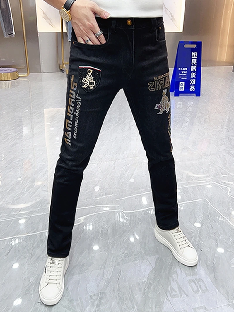 

Trendy Men's Jeans High Waist Slim Fit Casual Bla Elastic Diamond Studded Long Pants Autumn Faion High Stretch Denim
