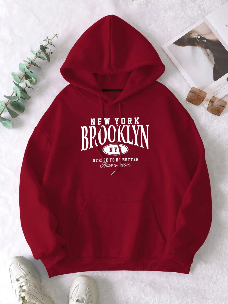 

Женская толстовка с принтом New York Brooklyn, флисовая женская толстовка с карманами, повседневный осенний пуловер унисекс, универсальная свободная уличная одежда