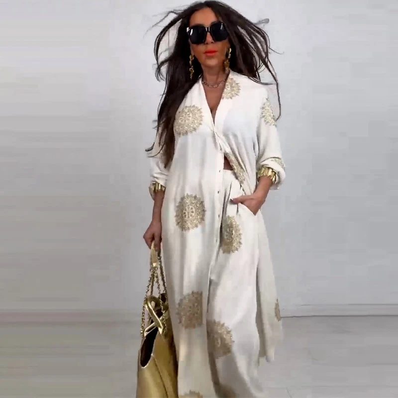 

Винтажный женский халат с принтом, весенне-осенняя повседневная рубашка на пуговицах, блузки, широкие брюки, комплект из двух предметов большого размера, наряд