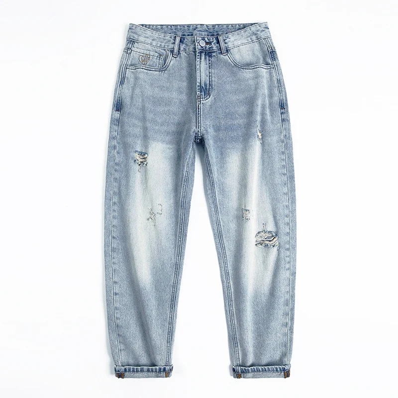 Street Fashion Men Jeans Retro Light Blue Loose Fit Hole Ripped Jeans Men Vintage Designer Straight Wide Leg Denim Pants Hombre