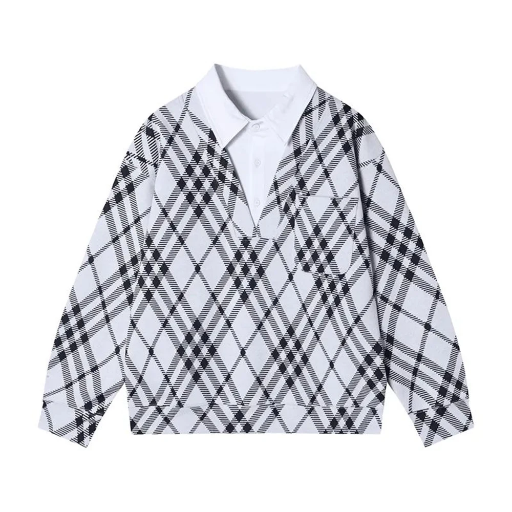 Mens Y2k High Quality Hoodie Plaid Polo Collar Autumn And Winter Casual Fashion Trend Personality Chic Loose Tops Men'S Clothing