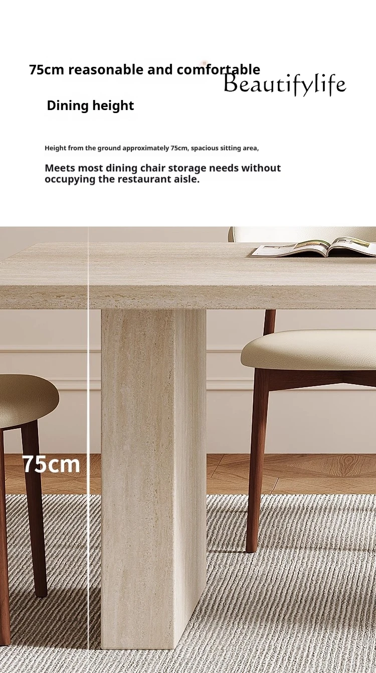Conjunto de jantar de travertino de meados do século: mesa e cadeiras retangulares Wabi-Sabi, luxo francês personalizável para espaços pequenos ​ ​