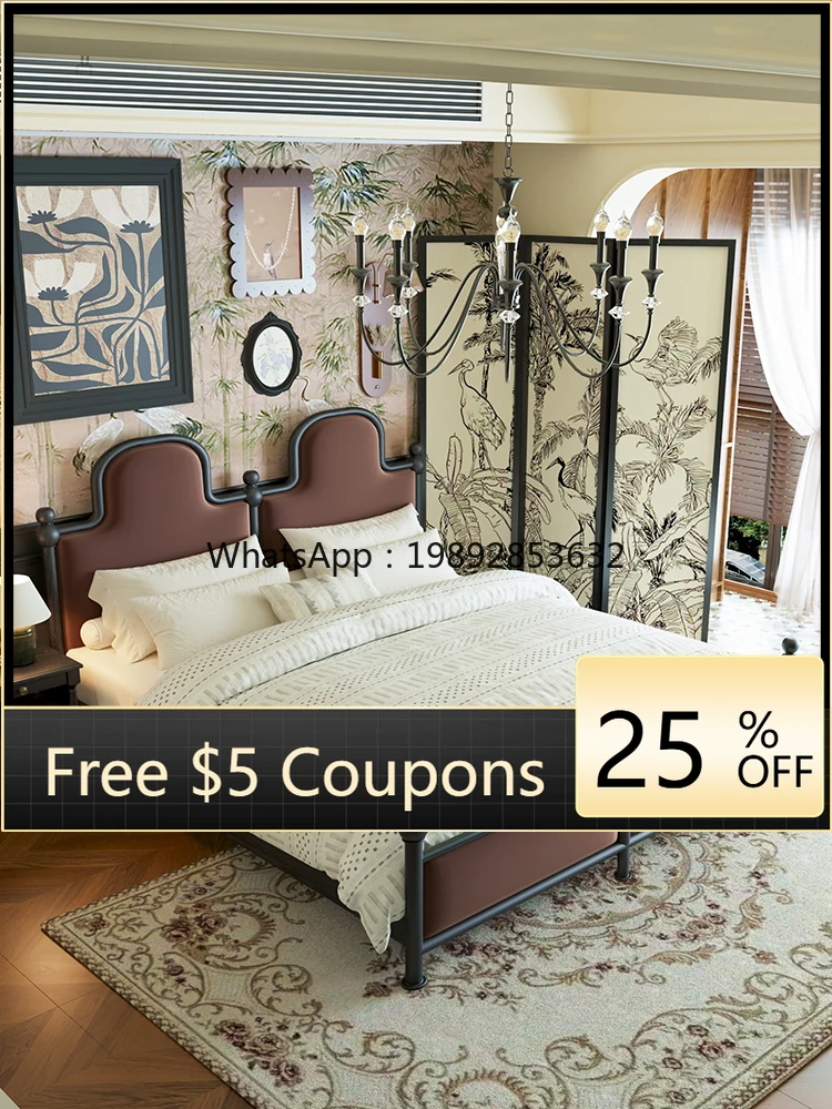 

LYY Vintage Style Bed Solid Wood French Retro Old Paris White Ash Fabric Wabi-Sabi Style Master Bedroom Large Bed