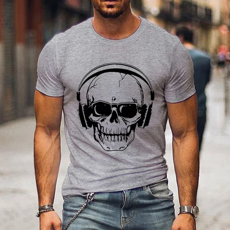 

Hot Skull 3D Printed T-shirt Men's Funny Music T-shirt Light Up DJ Men's T-shirt Casual Oversized Round Neck Cool Street Short-s