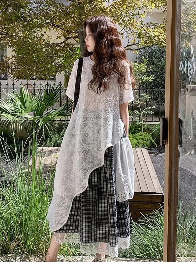 

Elegant Lace Top And Skirt Set Black And White Gingham Half-length Asymmetrical Design Two-piece Korean Style Commute Fashion