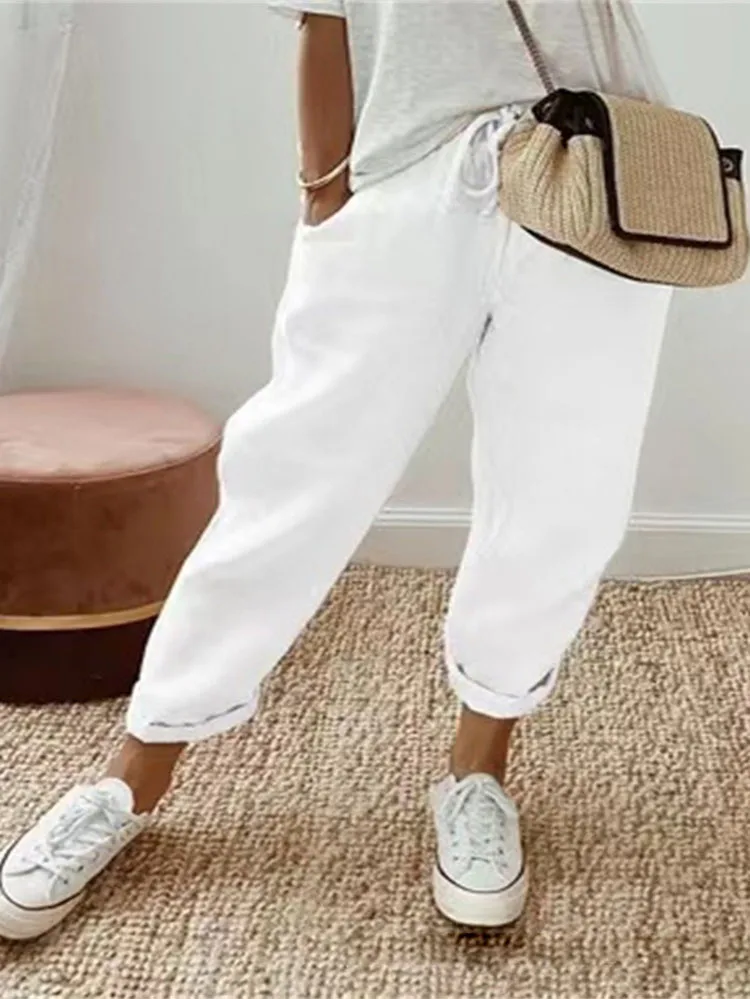 Summer Cotton Linen Pants Women High Waist Drawstring Elastic Casual Trousers Soft Breathable Female Bottoms Loose Pencil Pants