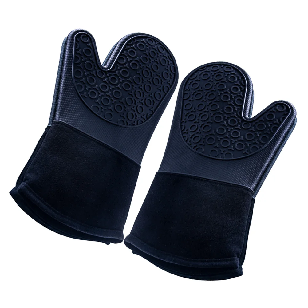 

2PCS Insulation Gloves Flexible Silicone Heat Resistant Oven Mitts Baking Kitchen Quilted Cotton Lining Black NonSkid Textured