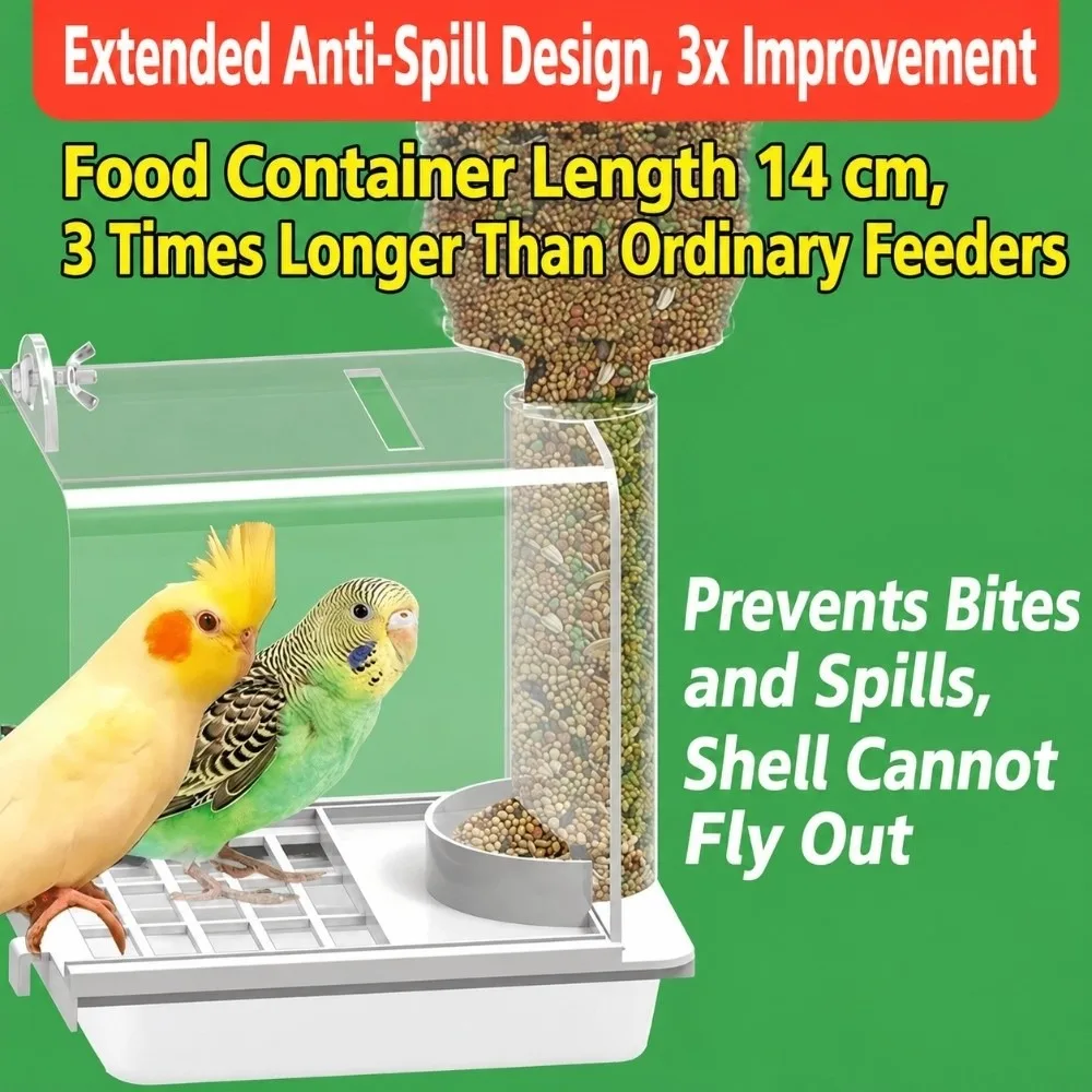 Large Capacity Bird Feeder Husk Separation Auto Dispense Parrot Feeder Long Food Box Splatter Proof Bird Cage Feeding Box