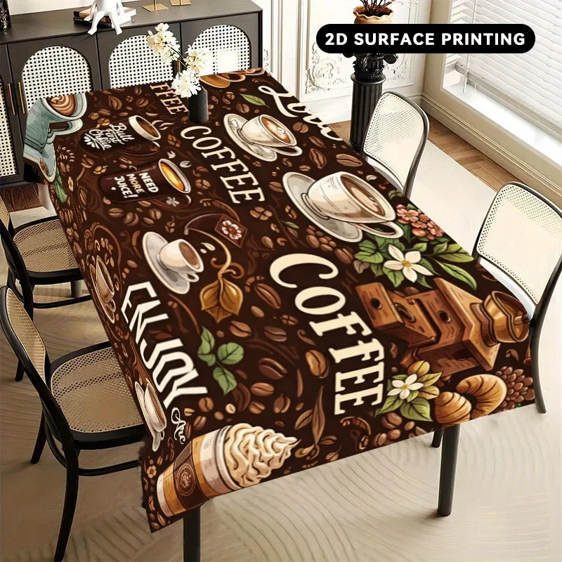 The dark brown tablecloth with coffee patterns is very suitable for kitchen woven polyester fabric.