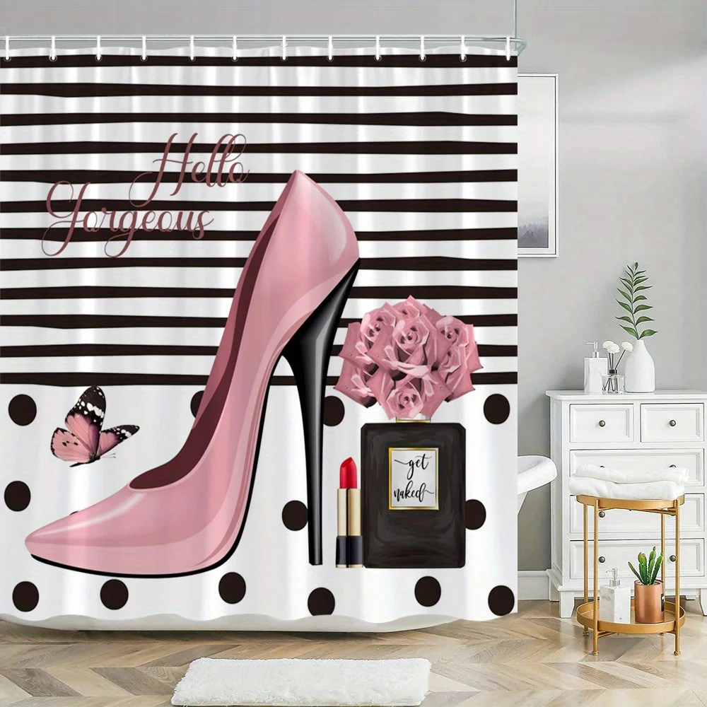 Hello Gorgeous Pink High Heel Shower Curtain Polka-Dots Perfume Bottle Design with 12 Hooks Ideal Bathroom Decor