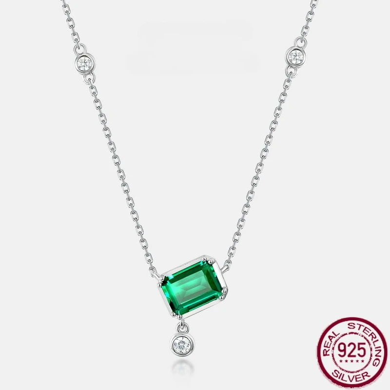 New S925 pure silver geometric emerald color treasure retro necklace European and American light luxury wedding jewelry