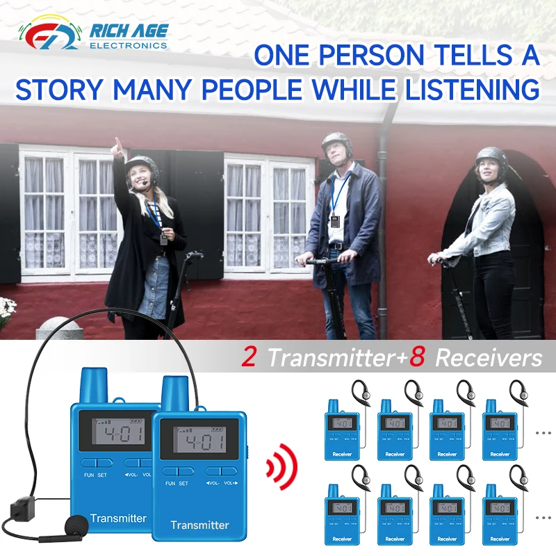 

RICH AGE Wireless Tour Guide Audio System 2 Transmitter Plus 8 Receiver For Tour Guides Simultaneous Interpreting Horse Riding