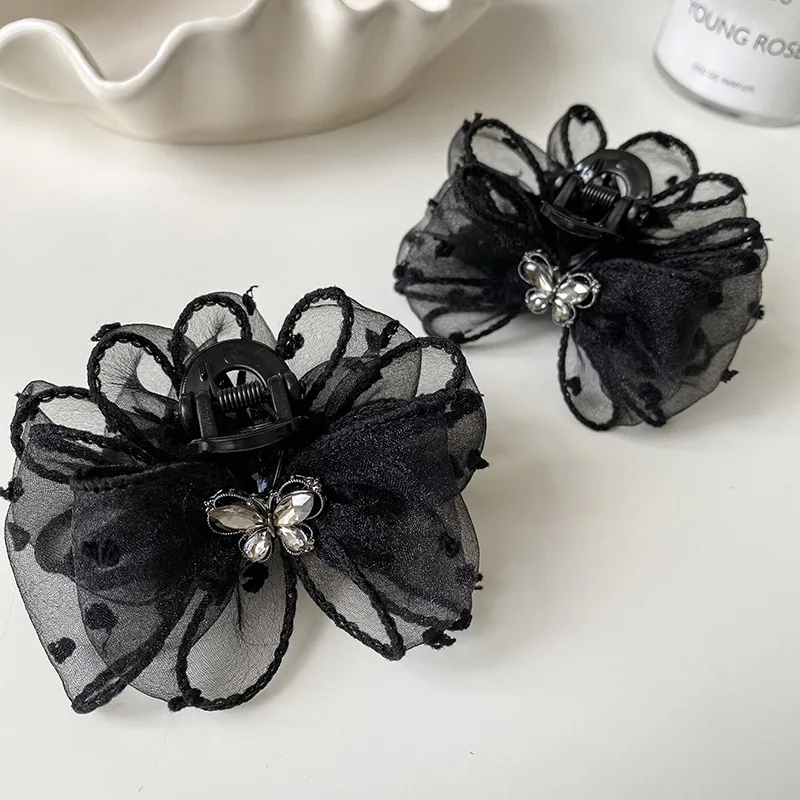 

Hot Selling Bow Mesh Shark Clip Black Polka Dot Rhinestone Hair Claw for Women Back of Head Ponytail Holder Volumizing