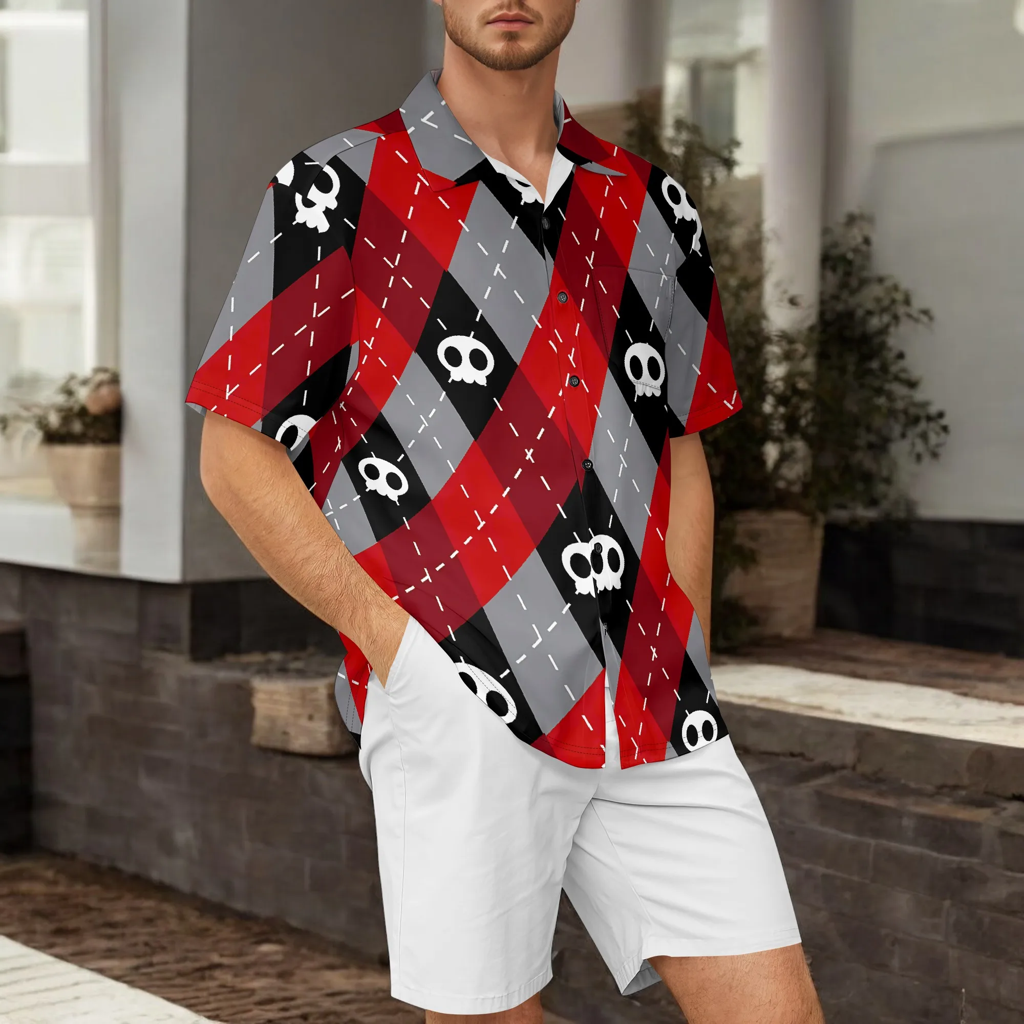 YEAE Red Black Skull Print Shirt for Men Summer Casual Short Sleeve Top