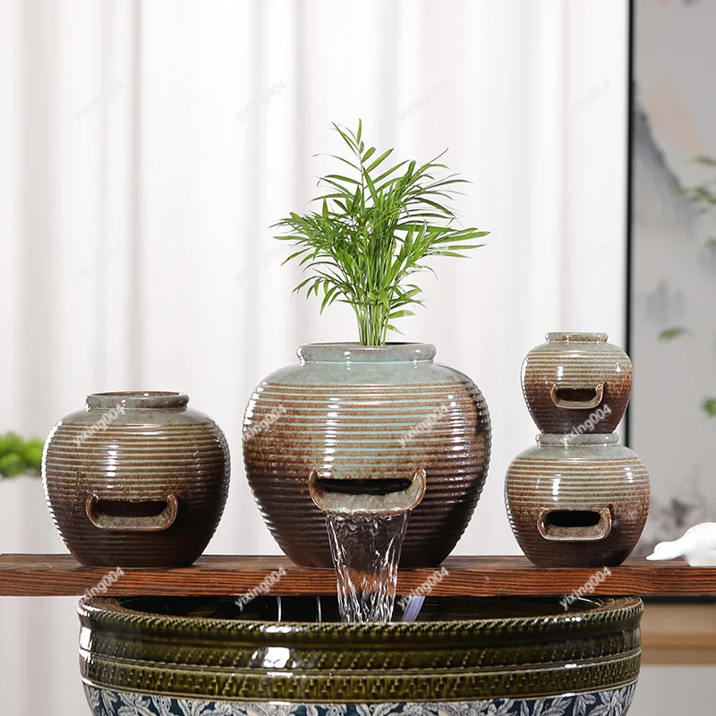 Ceramic Jar Waterfall Circulating Water Feature Ornament For Outdoor Courtyard Pond Fish Tank Landscape Decor