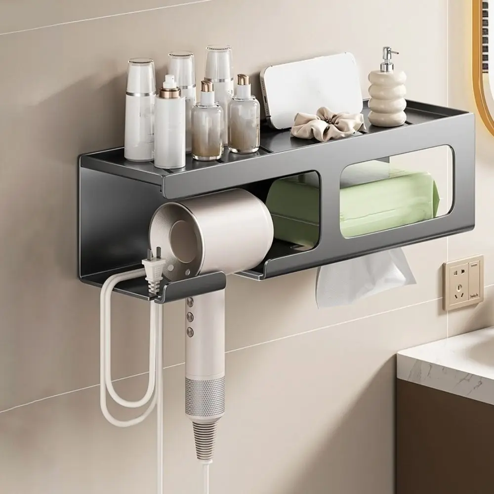 

Carbon Steel Bathroom Tissue Holder Wall Mounted Large Capacity Hair Dryer Holder with Storage Box Space Saving Tissue Rack