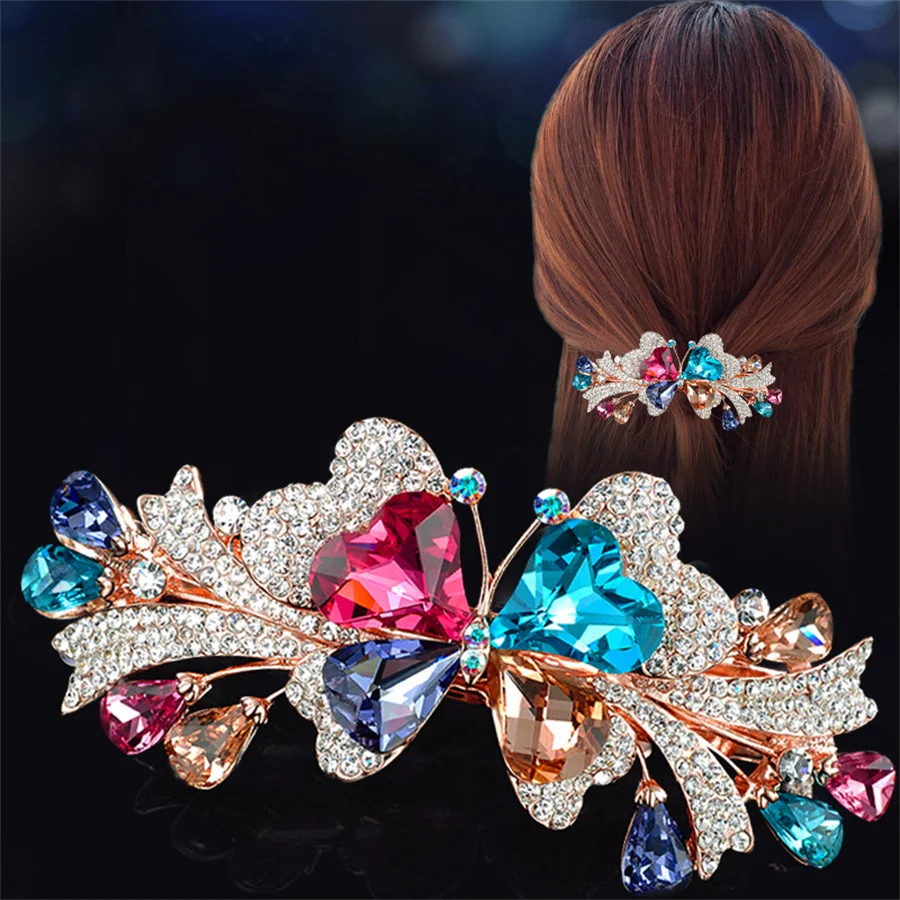 2023new Fashion Retro Crystal Butterfly Hair Clip Large Top Clip Flower Spring Clip high quality Female Mother hairpin Headdress