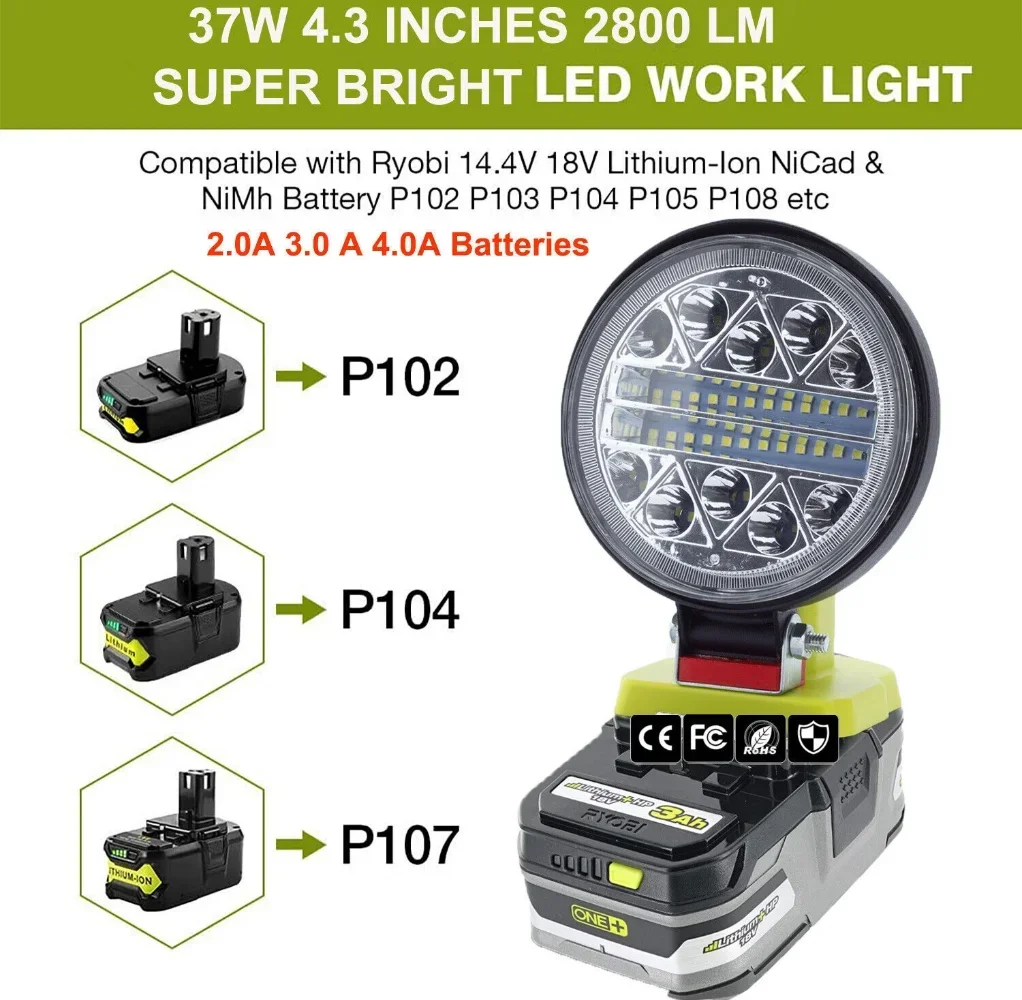 LED Work Light Suitable For Ryobi One+ 14.4V 18V Lithium Nickel Battery P108 P104  Li-Ion Battery Spotlight