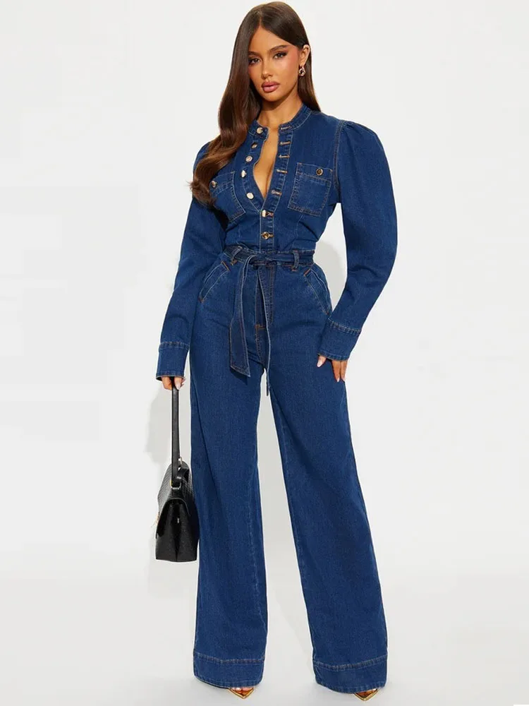 

MCDV винтажные джинсовые комбинезоны на шнуровке, женские однобортные однобортные комбинезоны с длинными рукавами, осенне-зимние модные джинсовые комбинезоны, уличная одежда