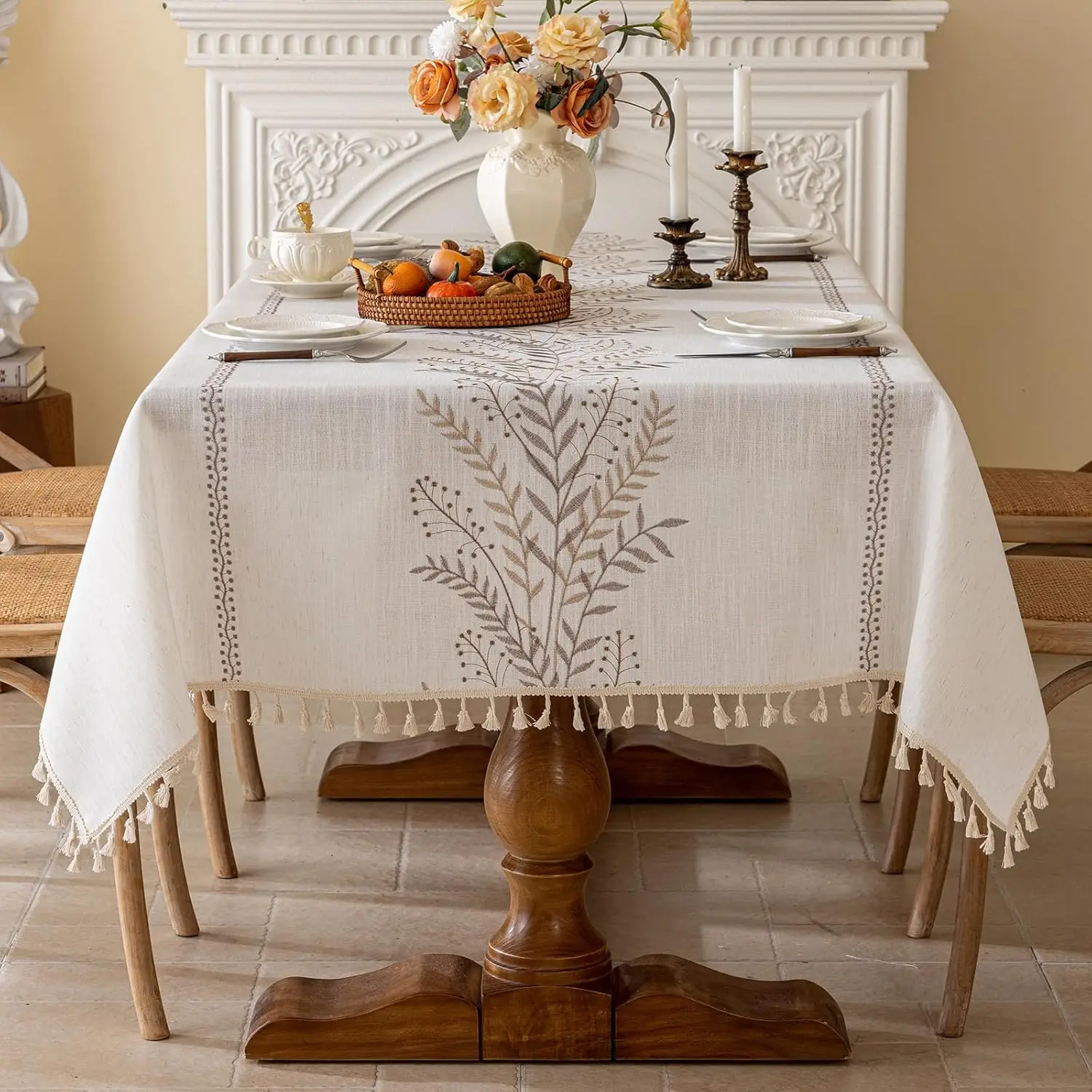 

Rustic Table Cloth,Heavy Duty Cotton Linen Florals Embroidery Tablecloth,Wrinkle Free Table Cover Dinning Tea Table Decoration